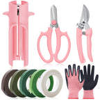 Lasnten 9 Pcs Rose Thorn Remover Set Include 1 Flower Thorn Stripper Tool 5 Floral Tape 1 Flower Scissor 1 Curve Gardening Scissors 1 Pair Gardening Gloves for Wedding Women Mother Gift (Pink)