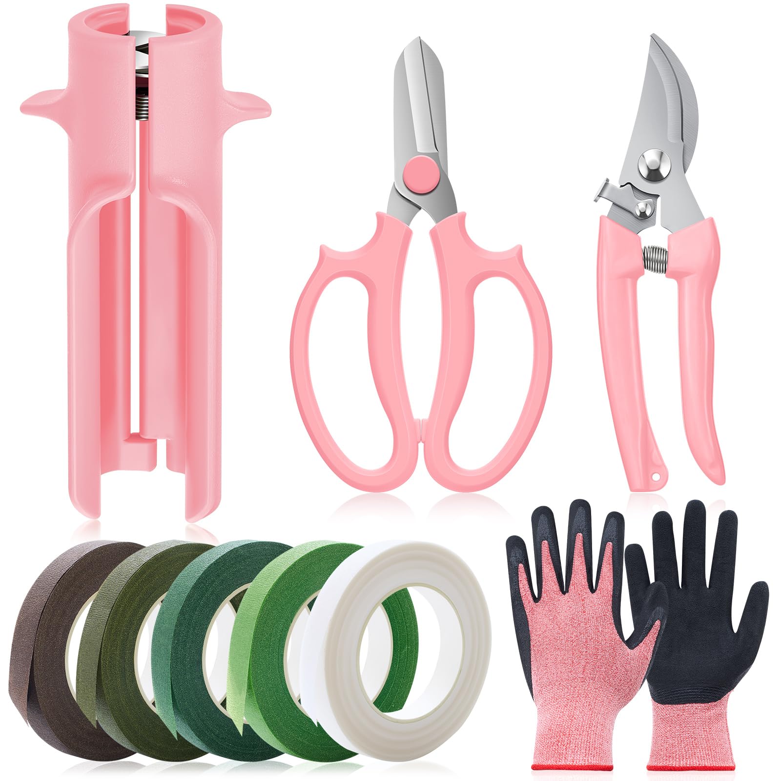 Lasnten 9 Pcs Rose Thorn Remover Set Include 1 Flower Thorn Stripper Tool 5 Floral Tape 1 Flower Scissor 1 Curve Gardening Scissors 1 Pair Gardening Gloves for Wedding Women Mother Gift (Pink)