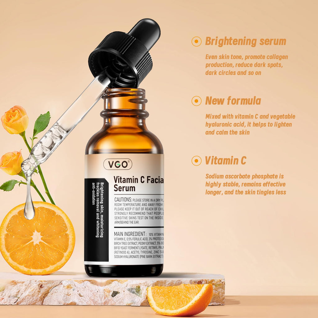 VGO Vitamin C Serum for Face, Vit C Anti Aging Serum with Hyaluronic Acid & Vitamina E, Deep Hydration Facial Care for All Skin Types, 2.02oz / 60ml