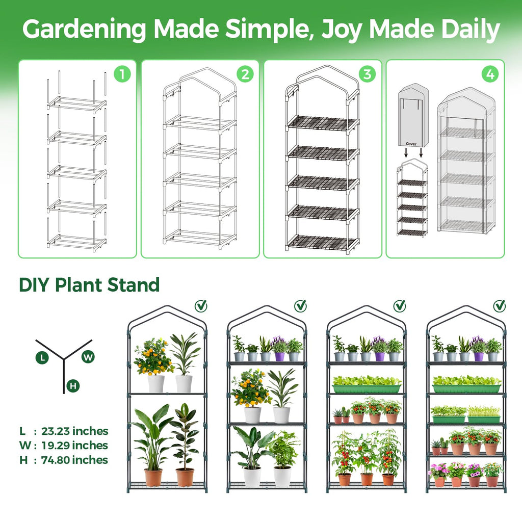 Mini Greenhouse for Indoor Outdoor: Ohuhu 23 x 19 x 75-Inch Small Plastic Plant Green House 5-Tier Rack Stand Portable Greenhouses with Durable PE Cover for Seedling, Ideal Gardening Gifts
