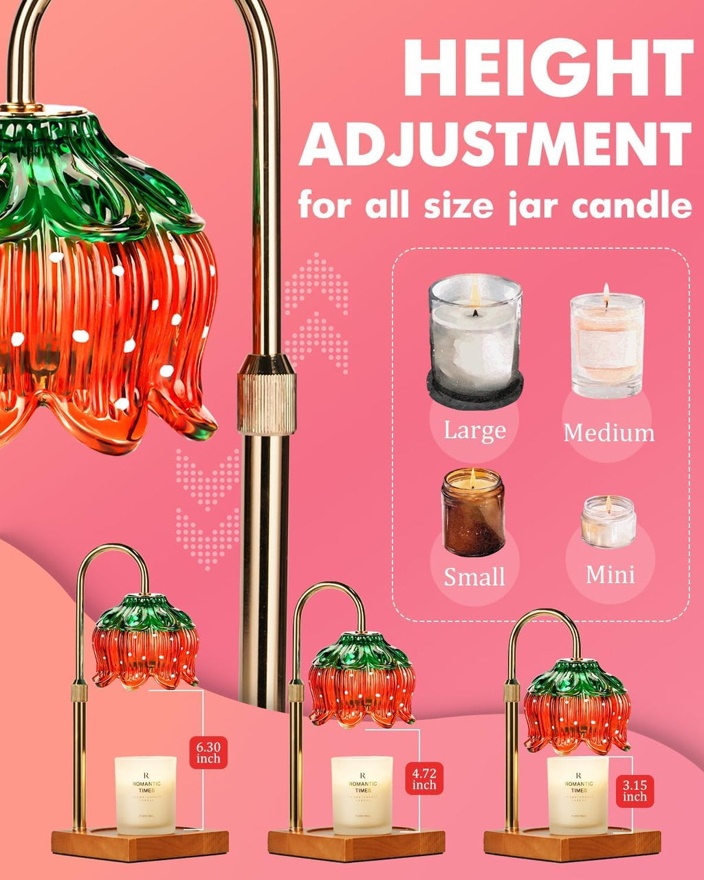Strawberry Candle Warmer Lamp with Timer Dimmer, Adjustable Height Christmas Birthday Gifts for Women Mom House Warming Gifts New Home Bedroom Decor, Cute Candle Warmer Light for Jar Candles