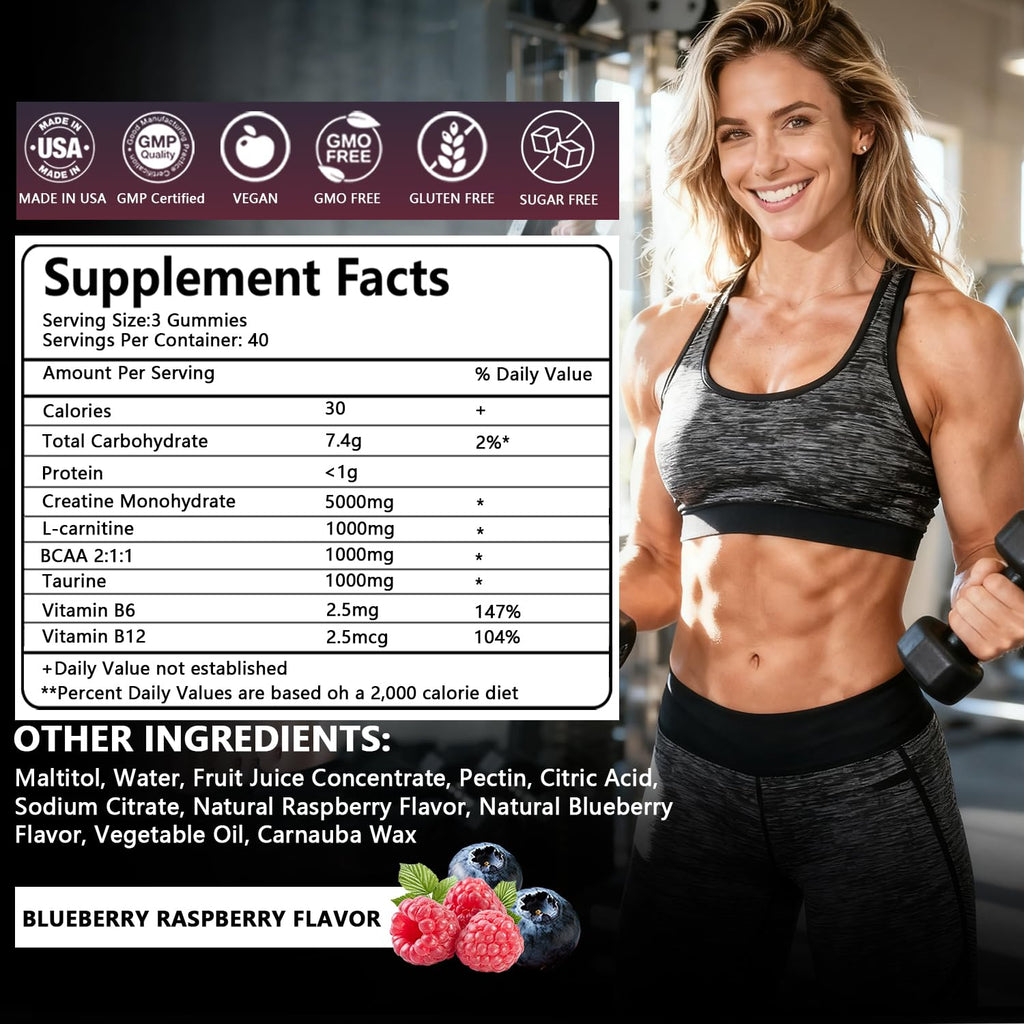 Crasye Creatine Gummies Complex 8000mg for Men and Women Creatine Monohydrate Gummy with BCAA Taurine for Muscle Strength and Energy Boost Sugar Free Pre-Workout Supplement - 120 Gummies