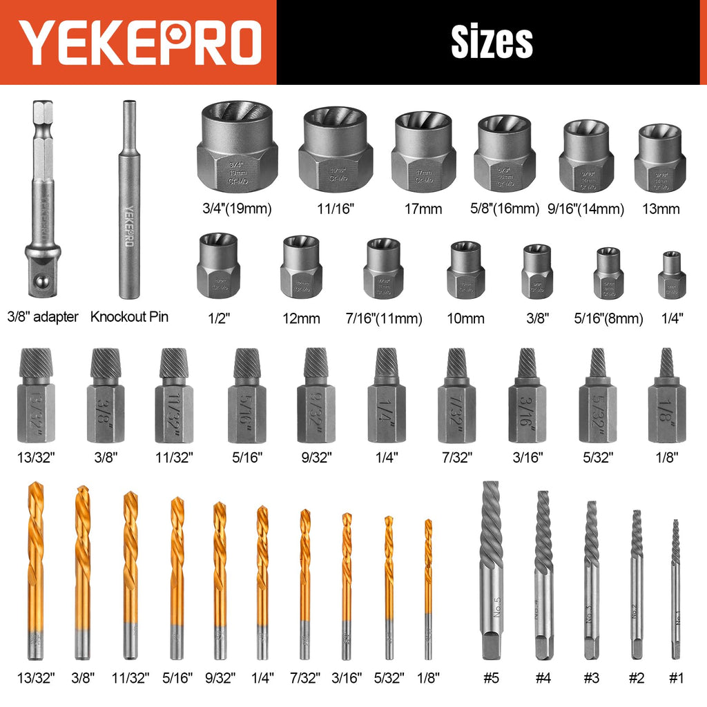 YEKEPRO 40 Pcs Bolt & Screw Extractor Set with Left Hand Cobalt Drill Bit Set, Easy Out Broken Stripped Screw Removal Tool for Damaged, Frozen, Studs, Rusted, Rounded-Off Bolts, Nuts & Screws, T15139