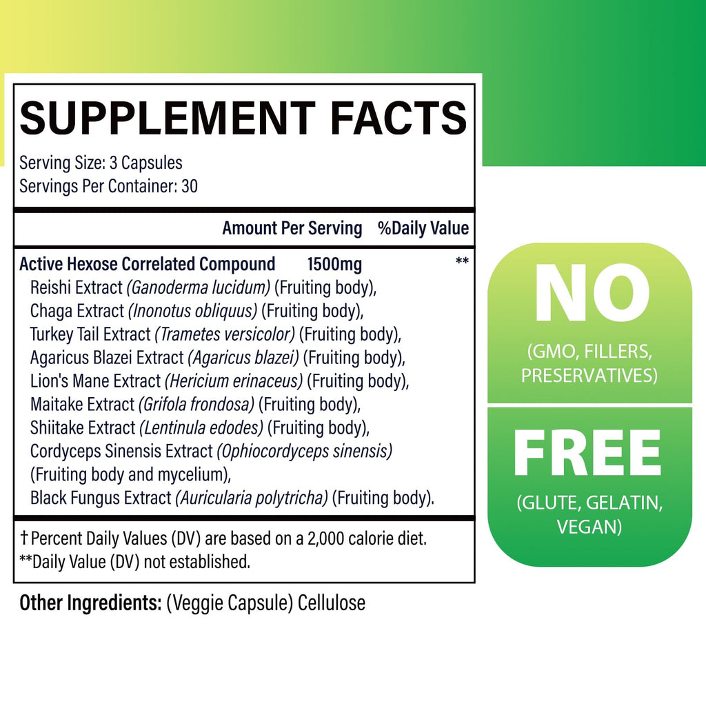 SZCZEKIN Active Hexose Correlated Compound 1500 mg Supplement, Natural 8 Mushroom Extract Supplement, Immune System, Liver Function, Natural Killer and T Cells Activity, 180 Veggie Capsules