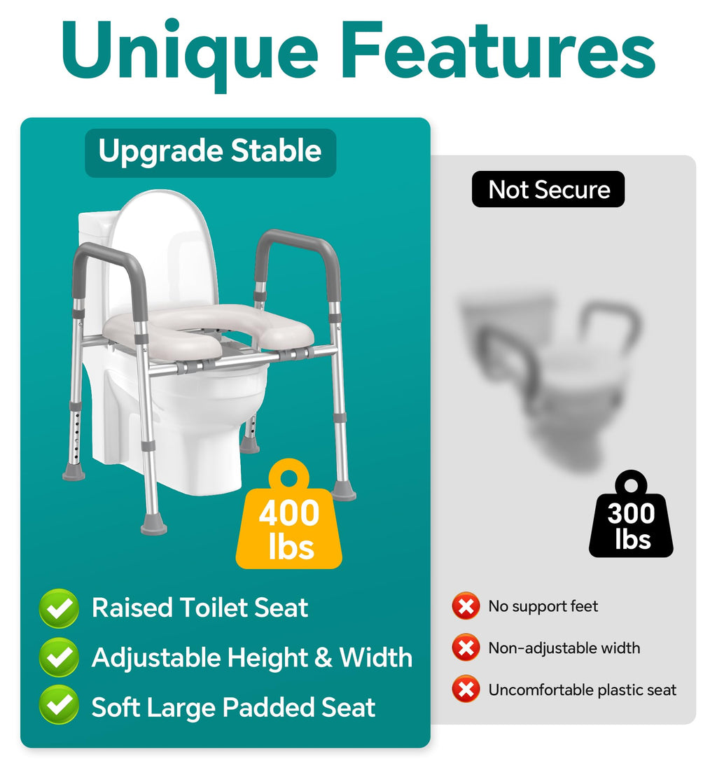 Soundfuse Toilet Seat Risers for Seniors, Raised Toilet Seat with Handles, Adjustable Height & Width, Cozy Padded 400lb Elevated Toilet Seat, Fit Any Toilet