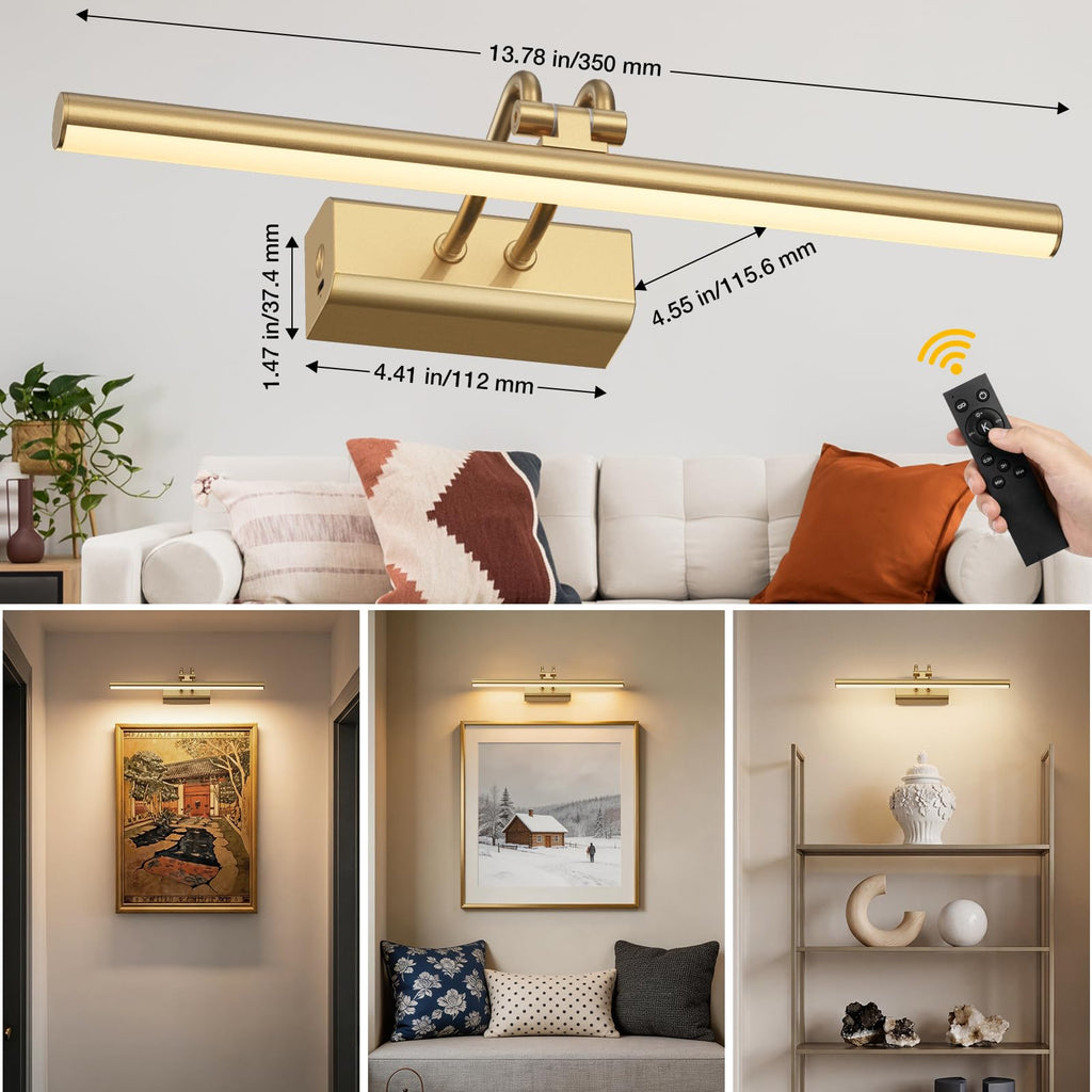 13.8'' Battery Operated Picture Light for Wall, 4000mAh Cordless Wall Lamp for Painting Photo Artwork , Remote Control, Magnetic for Easy to Charge,Timers, Display for Gallery Living Room Bedroom Gold