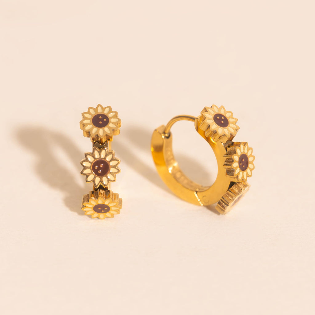 Oh Clementine 3D Sunflower Huggie Hoop Adjustable Clasp Earrings for Women- 316L Stainless Steel with 18k PVD Gold Coating