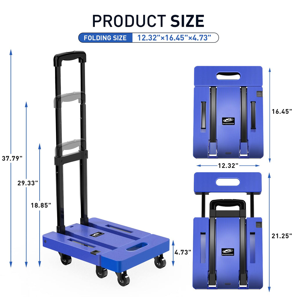 SPACEKEEPER Folding Hand Truck, 500 LB Capacity Luggage Cart, Portable Folding Dolly with 6 Wheels and 2 Elastic Ropes for Luggage, Personal, Travel, Auto, Moving and Office Use, Blue