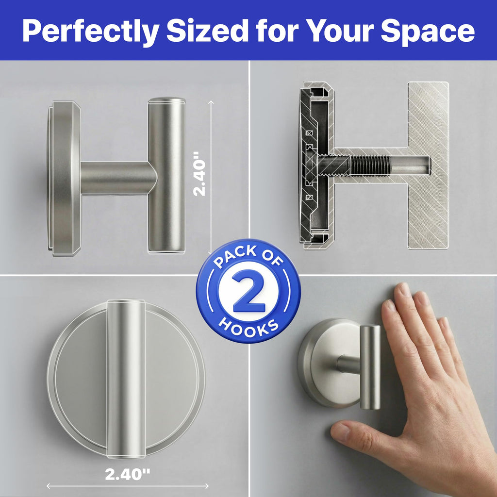 HOME SO Suction Cup Hooks for Shower & Bathroom Towel Holder 2-Pack – Suction Cups Hooks for Hanging Towels, Robes, & Coats - Tiles, Glass Door or Mirror – Shower Hooks & Towel Hooks - Nickel T-Shape