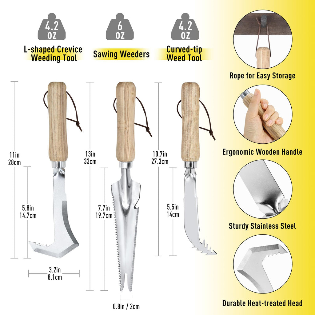Jardineer Weed Puller Tools Set, 3 Pack Hand Crack Weeder, Stainless Heat Treated Steel Weed Root Remover with Ergonomic Handle, Multi-Purpose Weeding Tools for Lawn Garden Patio & Yard