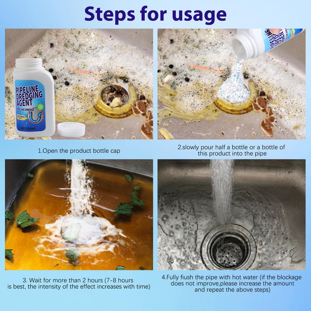 Pipeline Dredging Agent, 350ml Drain Clog Remover Agent,Kitchen Unblocker, Powerful Pipe Unclogger Powerful Sink And Drain Cleaner Powder for Kitchen Quick Cleaning (2Pcs)