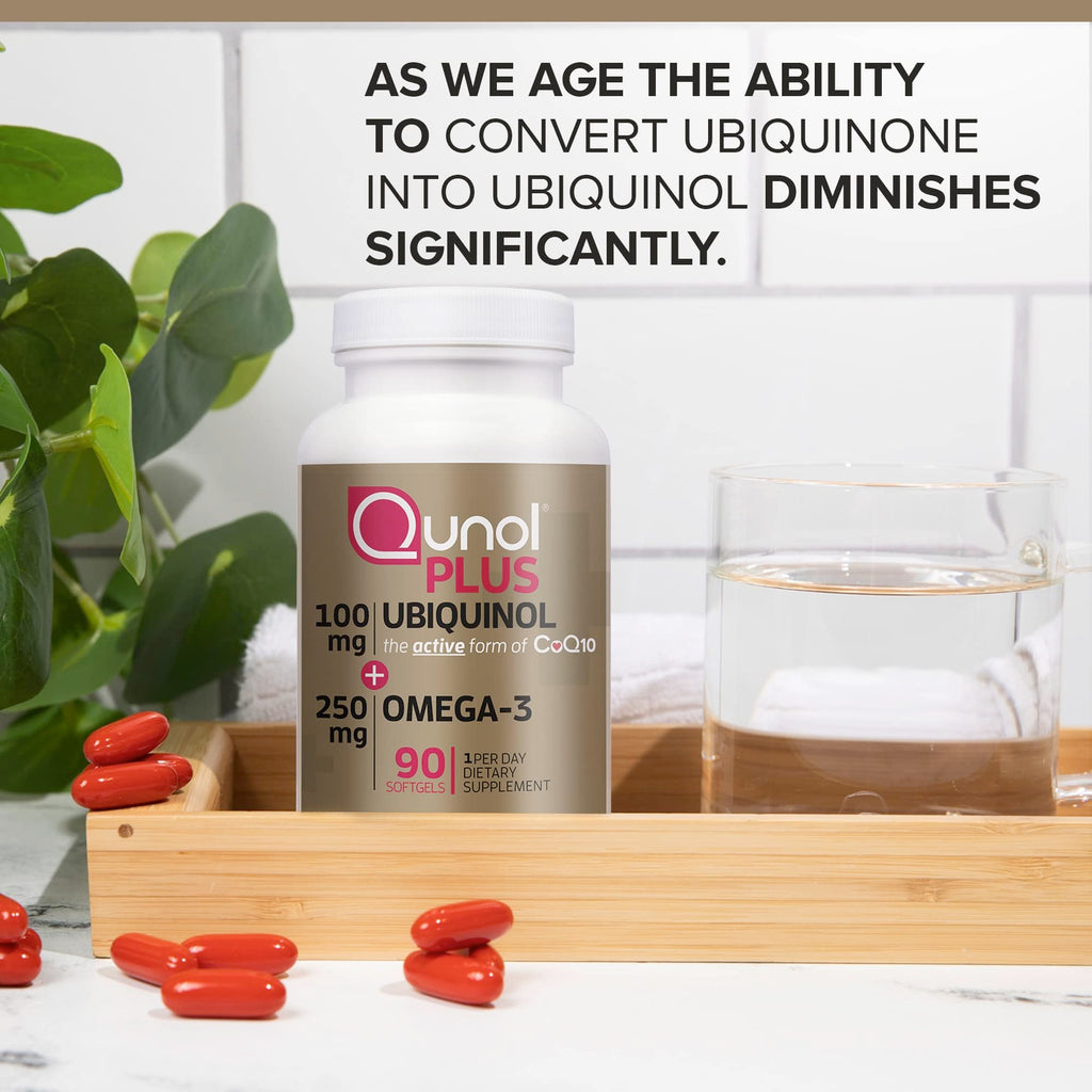 Qunol Plus Ubiquinol CoQ10 100mg with Omega 3 Fish Oil 250mg, Extra Strength Antioxidant Supplement, 90 Count