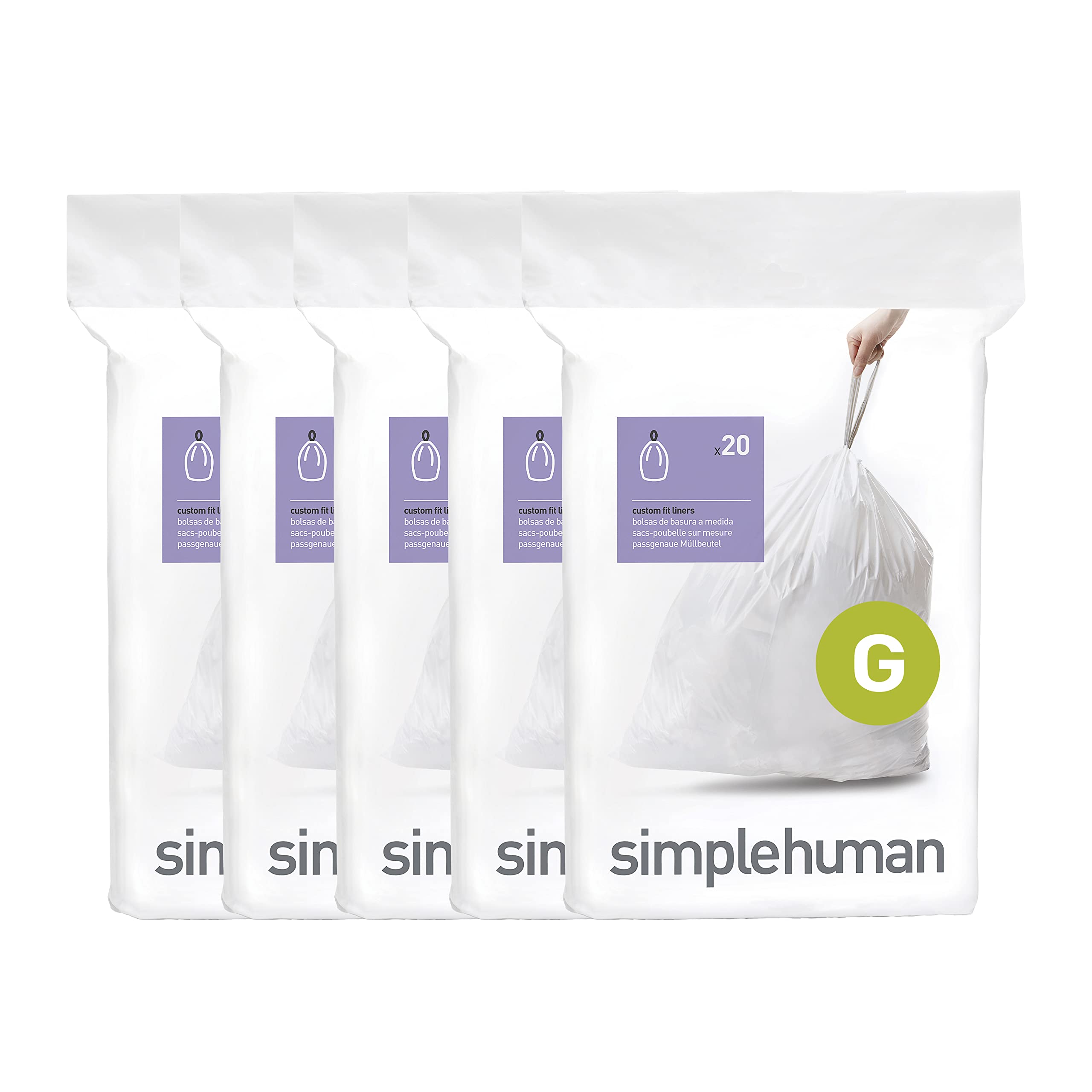 simplehuman Code G 100 Count Custom Fit Liners, Drawstring Kitchen Trash Bags, One-by-One Mess-Free Dispense, Extra Thick & Double Seamed, 50% PCR Plastic, 30 Liter / 8 Gallon, White