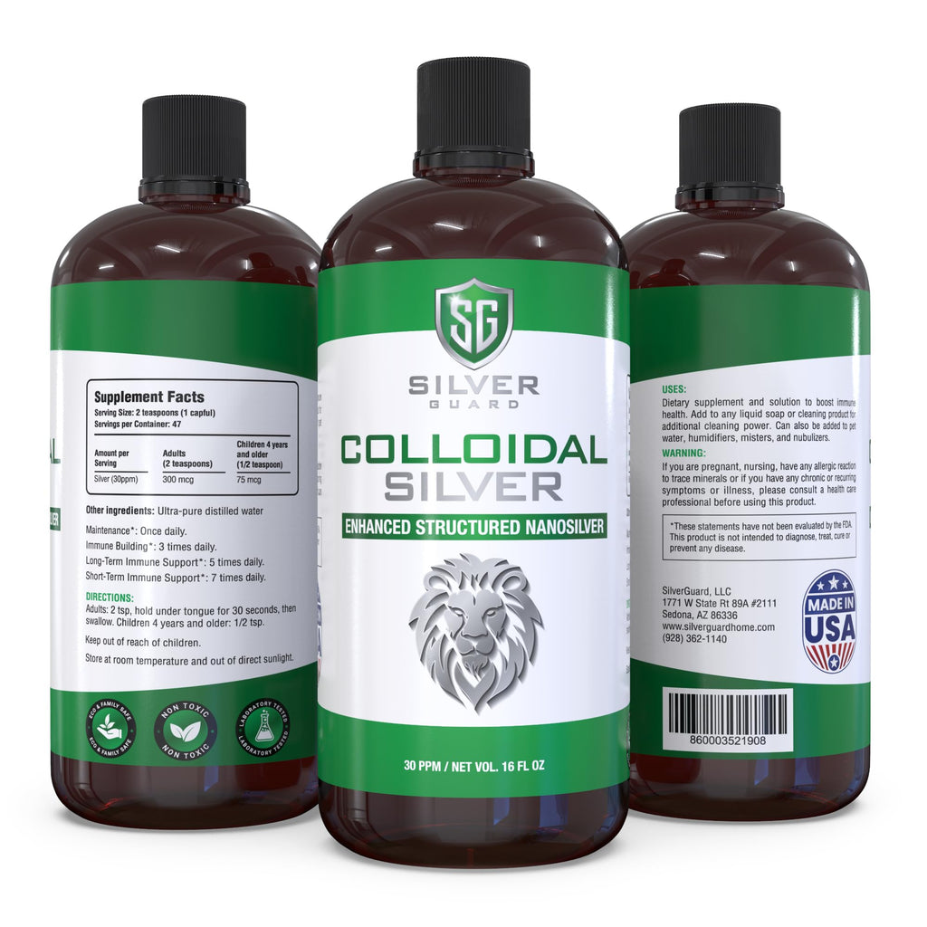 SilverGuard Enhanced Colloidal Silver Liquid Immune Support Supplement—30ppm Pure & Natural Structured Silver Water—Organic Colloidal Silver Solution—16 oz Bottle (1 Pack)