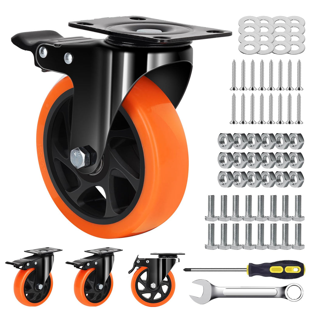 5 Inch Orange Heavy Duty Locking Caster Wheels Set of 4 – 2600LBS Total Capacity, PU Industrial Casters with Dual Brake for Workbench, Machinery & Warehouse Carts – Heavy Duty Industrial Use Only