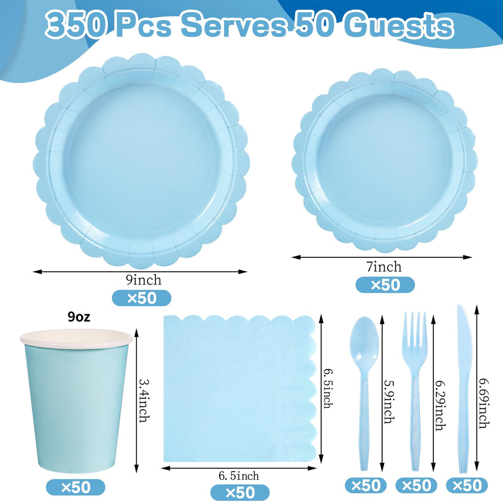 Xiangqu 350 Pcs Light Blue Paper Plates and Napkins, Boy Baby Shower Decorations Include Scalloped Plates Napkins Cups for Kindergarten Graduation, Bridal Shower, Summer Wedding, Birthday