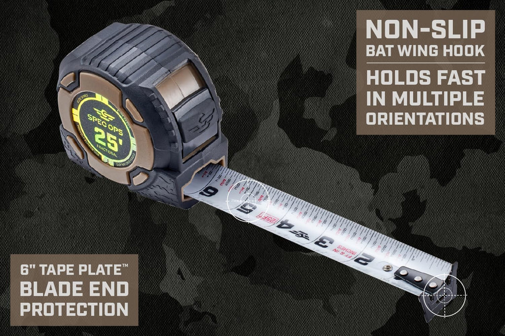 Spec Ops Tools 25-Foot Elite Series Tape Measure, 1 1/4" Double-Sided Blade, Includes Fractional Markings, 12 Feet of Stand Out, Military-Grade Composite Case, 3% Donated to Veterans