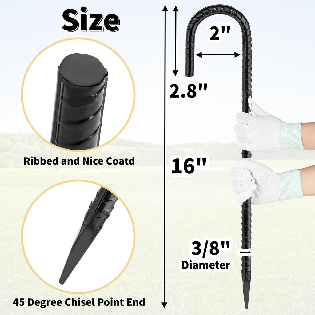 Besitu 16 Inches 24-Pack J Hook Rebar Stakes Heavy Duty Tent Stakes with Chisel Point End, Steel Ground Anchors Metal Garden Stakes Chain Link Fence Stakes Black Coated