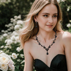 BriLove Wedding Jewelry Set for Women Bride, Y-Necklace Tennis Bracelet Dangle Earrings Set Crystal Teardrop Marquise Cluster Jewelry for Bridal Bridesmaid Black Black-Tone