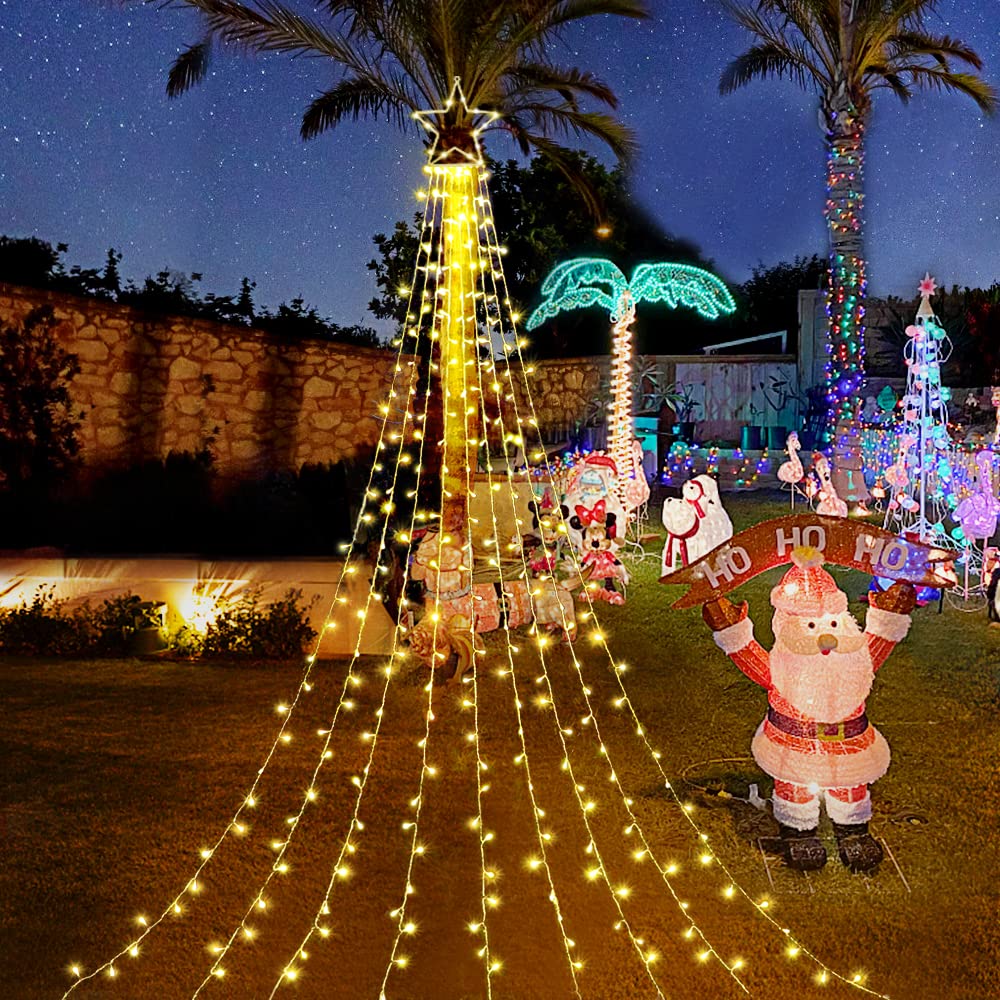 FUNIAO (New) Christmas Decoration Lights, 320 LED Waterfall Christmas Tree Lights with 12" Star Topper, 8 Modes Indoor Outdoor String Lights for Yard, Party, Home, Holiday (Warm White)