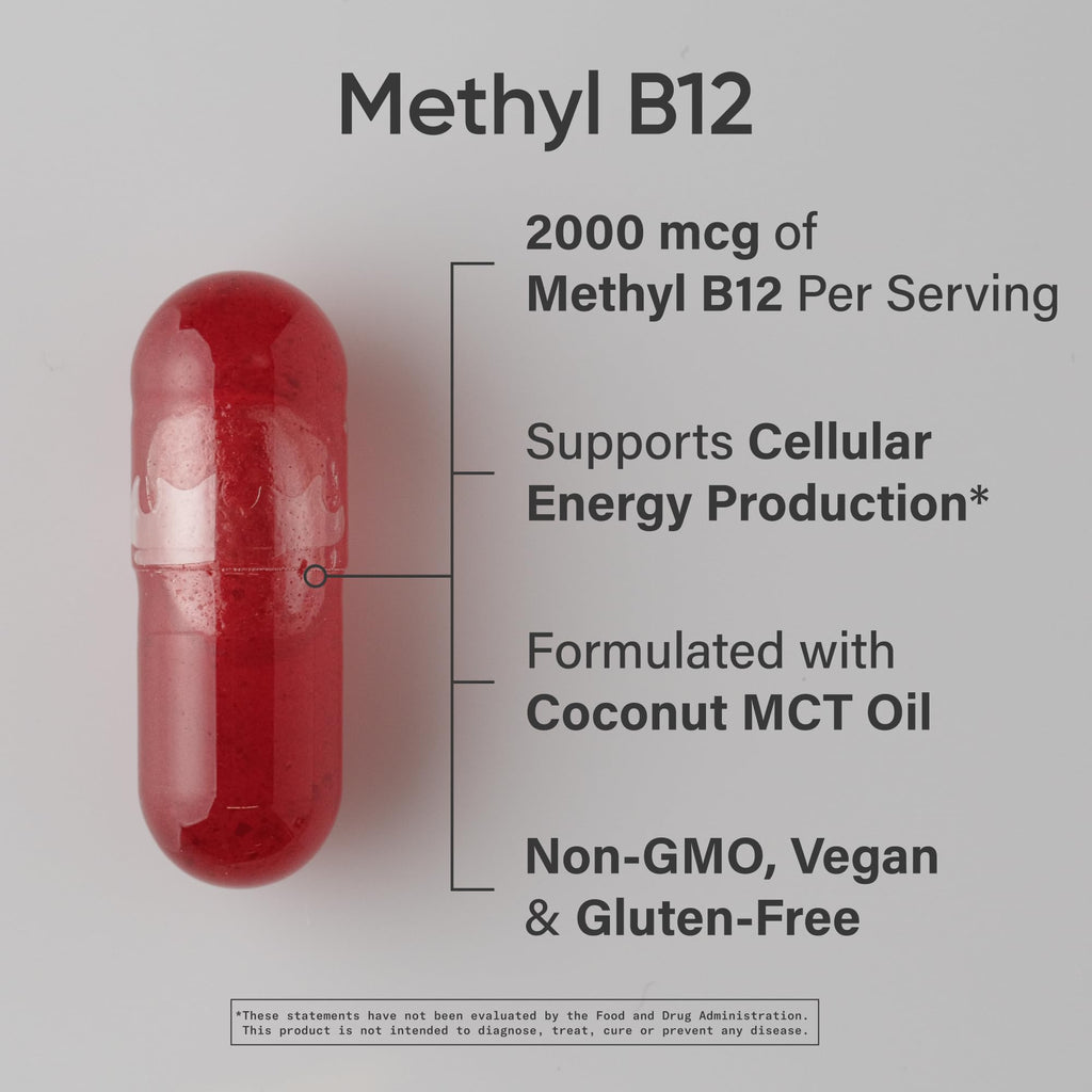 Sports Research® Vitamin B12 as Methylcobalamin 2000mcg - Plant Based B12 w/Coconut MCT Oil for Energy Metabolism Support - Vegan Certified · Non-GMO · Gluten Free - 120 Liquid Caps