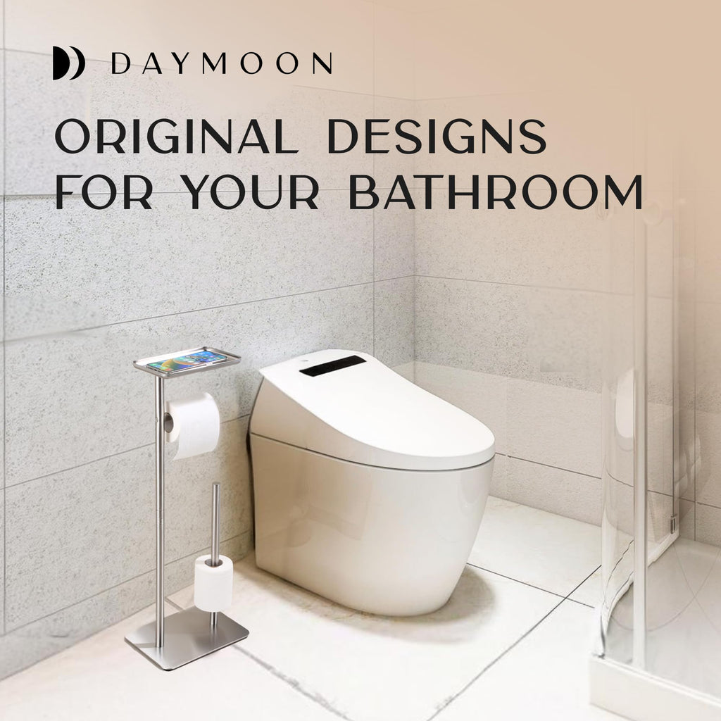 Day Moon™ - Toilet Paper Holder - Modern Roll Holder for Bathroom - 1 Pack - Free Standing - with Shelf, Brushed Nickel