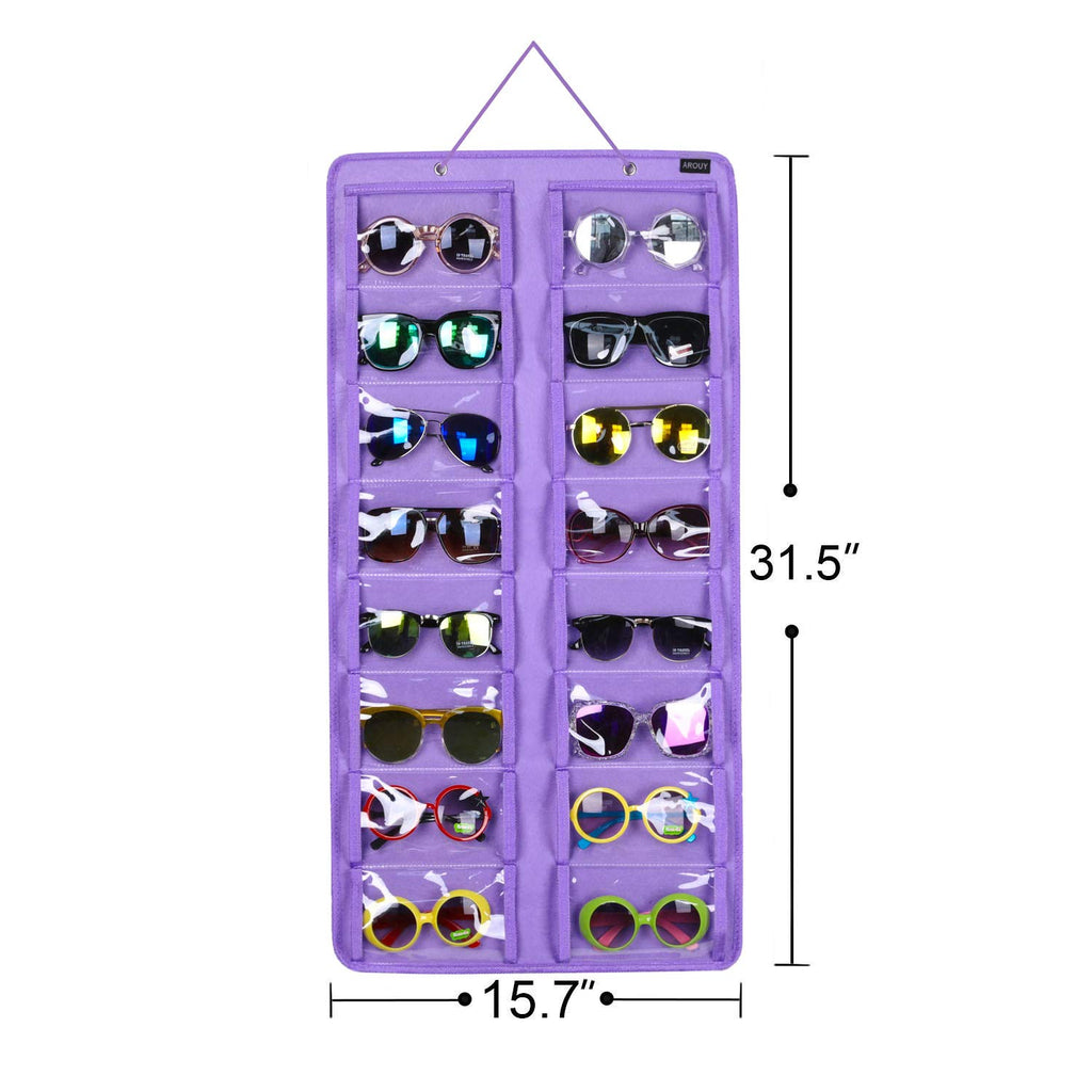 AROUY Sunglasses Organizer Storage, Hanging Dust Proof Wall Pocket Glasses Organizer - 16 Felt Slots Sunglass Organizer Holder with Metal Hook and Sturdy Rope (Dust Proof, Purple)