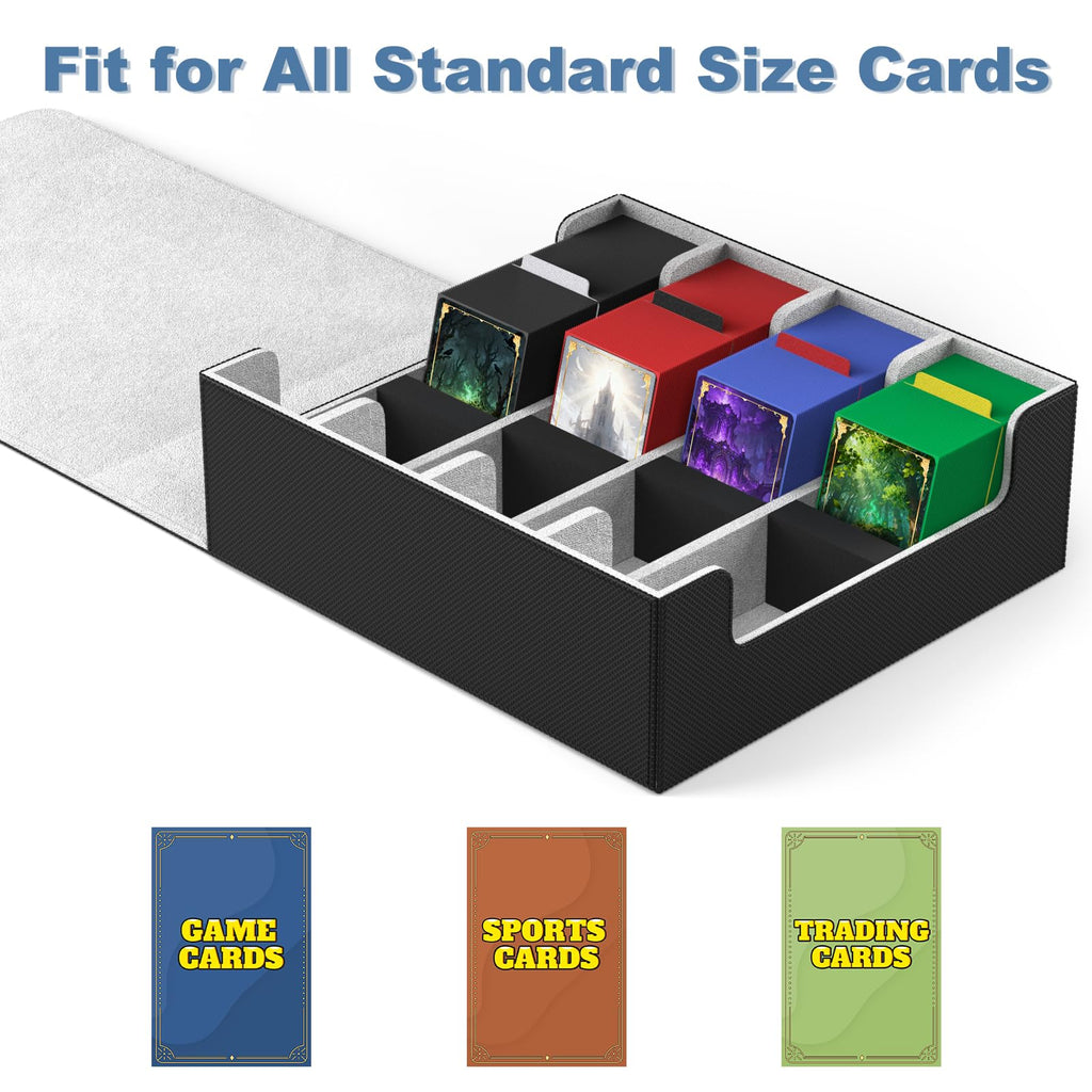 Mlikero Card Deck Case, 2400+ Trading Card Storage Box with 10 Colorful Dividers and 4 Foam Stoppers, Leather Magnetic Closure Commander Deck Box Fit for MTG, TCG (4 Rows, Black&Grey)