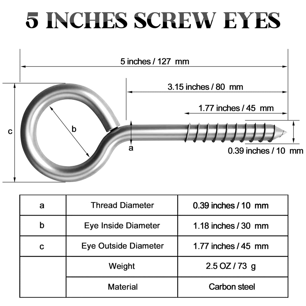 YGAOHF 8 Pcs 5 Inch Eye Hooks Screw in Heavy Duty, Large Eye Bolts Screw in, Stainless Steel 500 LBS Breaking Strength, Strong Eye Screws for Wood, Hanging Heavy-Duty Applications