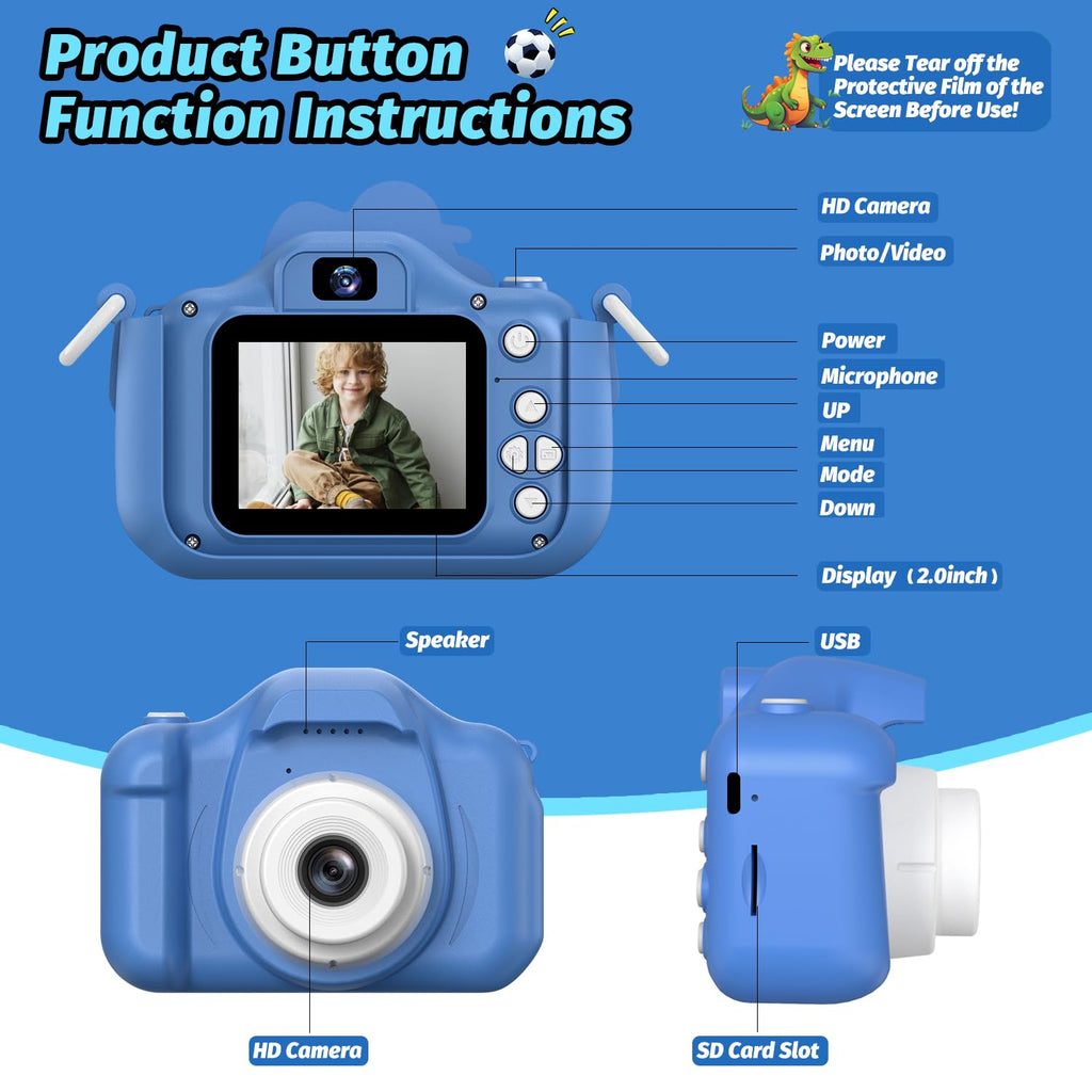 Dinosaur Kids Camera for Boys Girls, Toddler Digital Selfie Camera with Cute Protective Cover and SD Card, Christmas Birthday Gifts Toys for 3 4 5 6 7 8 9 10 11 12 Years Old Little Girls and Boys