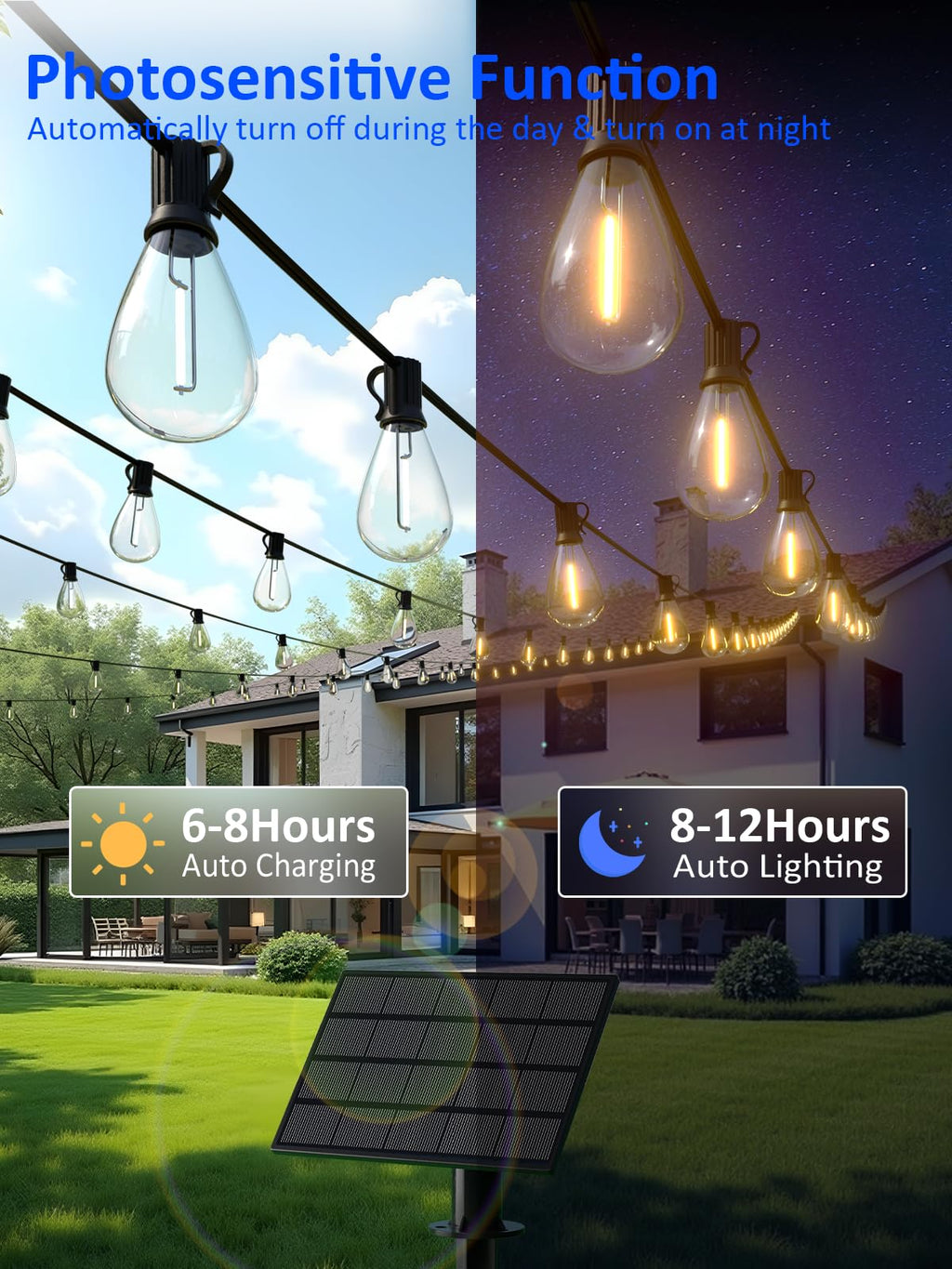 50FT Solar String Lights Outdoor Waterproof with 18+1 LED Bulbs Long Last for 20+Hrs, Commercial Grade Shatterproof USB Patio Solar Powered Lights for Camping，Backyard, Garden, Porch Decor