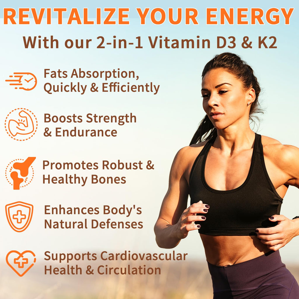MXCZBSM 2 Bag Vitamin D3 K2 Supplement Softgel, Vitamin D3 K2 Softgel with 10000 IU Supports Immune, Heart, Teeth & Bone Health, Free of GMO, Gluten, Soy