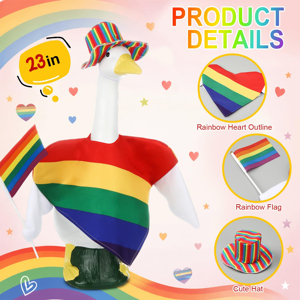 JolliLudo Rainbow Pride Porch Goose Outfit for LGBTQ Pride Month Goose Dress Clothes with Stripes Top Hat and Flag Costume for 23" Gooses Statue Decoration Patio Yard Garden Lawn Outdoor Decors