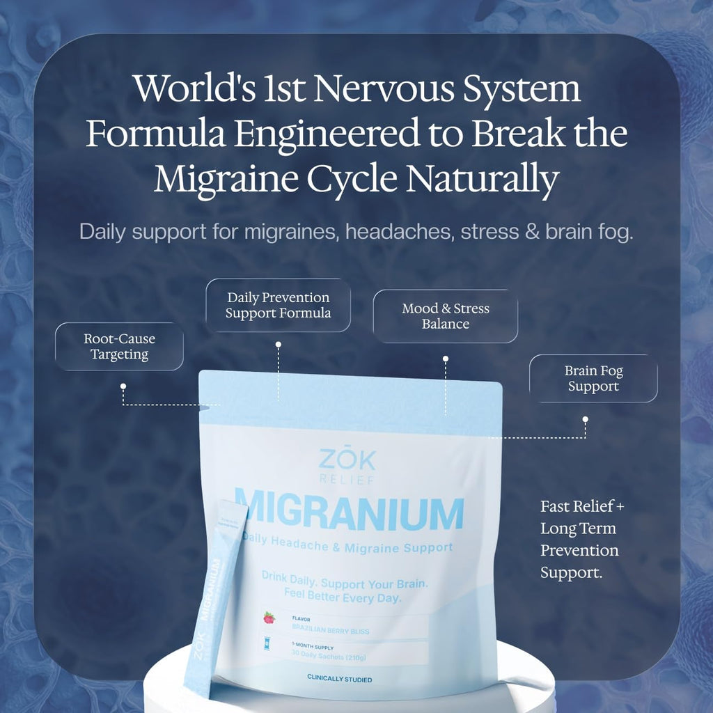 Migranium Daily Nervous System Support Formula for Head Tension, Stress & Energy, Calm Focus + Cellular Wellness Drink, 400mg of Pure Magnesium Glycinate + 9 Key Neuronutrients, 30 Travel Sachets