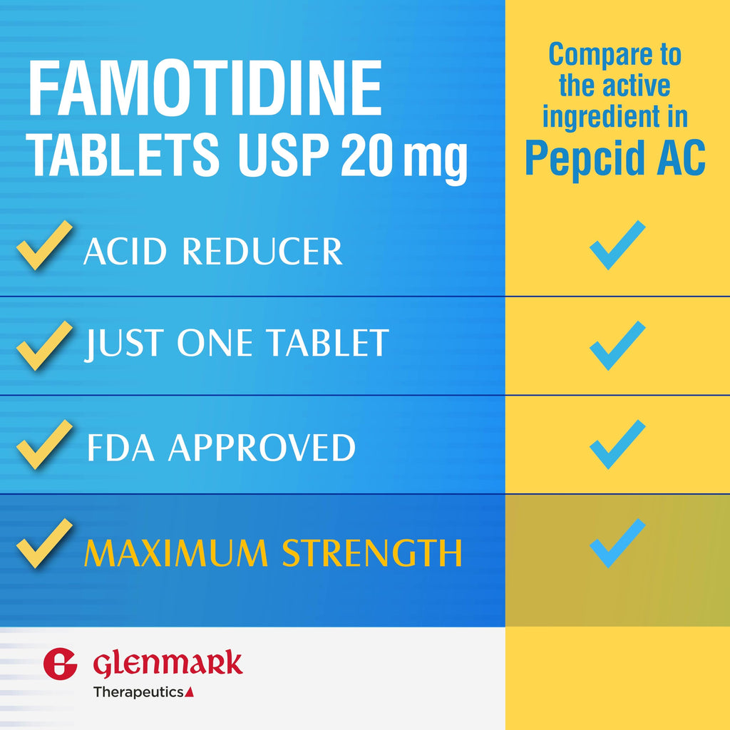 Glenmark Maximum Strength Famotidine Tablets, 20 mg, Acid Reducer for Heartburn Relief, 200 Count