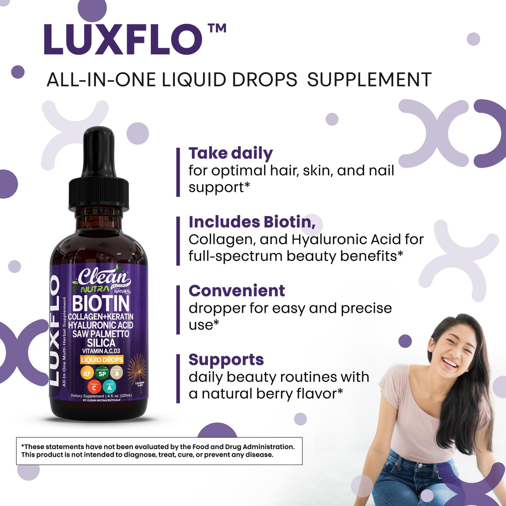 Biotin Liquid Drops Collagen Keratin Hyaluronic Acid Saw Palmetto for Hair Skin and Nails Silica Vitamin A C Vitamin D Bamboo Turmeric Zinc Folate Magnesium Horsetail LuxGlo by Clean Nutra - 2Pack