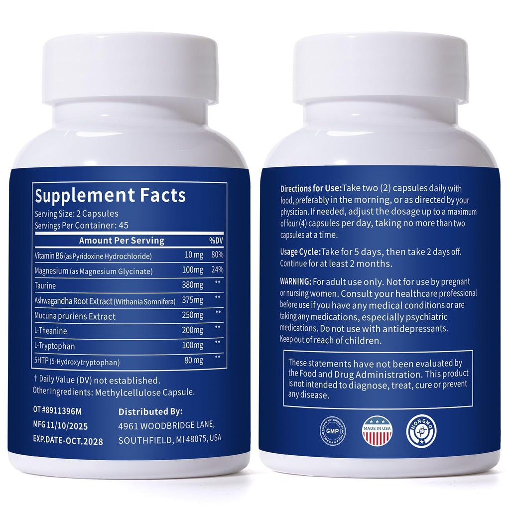 Guanshiya Serotonin and Dopamine Supplements, Dual Neurotransmitter Support with 5-HTP & Mucuna Pruriens for Mood Boost, Focus, Energy & Better Sleep, 90 Capsules