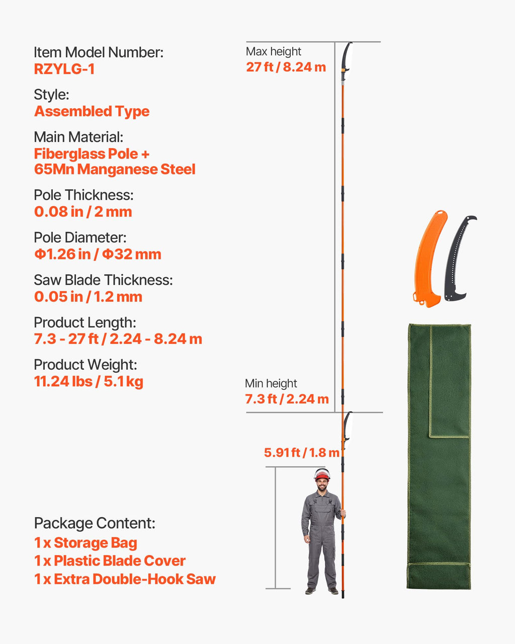 VEVOR Manual Pole Saw, 7.3-27 ft Extendable Tree Pruner, Sharp Steel Blade High Branches Trimming, Manual Branch Trimmer with Lightweight 8 Fiberglass Handles, for Pruning Palms and Shrubs