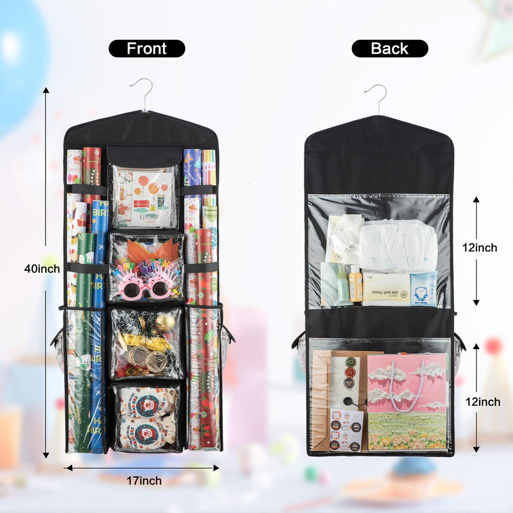 EOLIMEX Christmas Wrapping Paper Organizer Storage, Hanging Gift Bag Storage Organizer, Double-Sided Wrapping Paper Holder Storage - Black