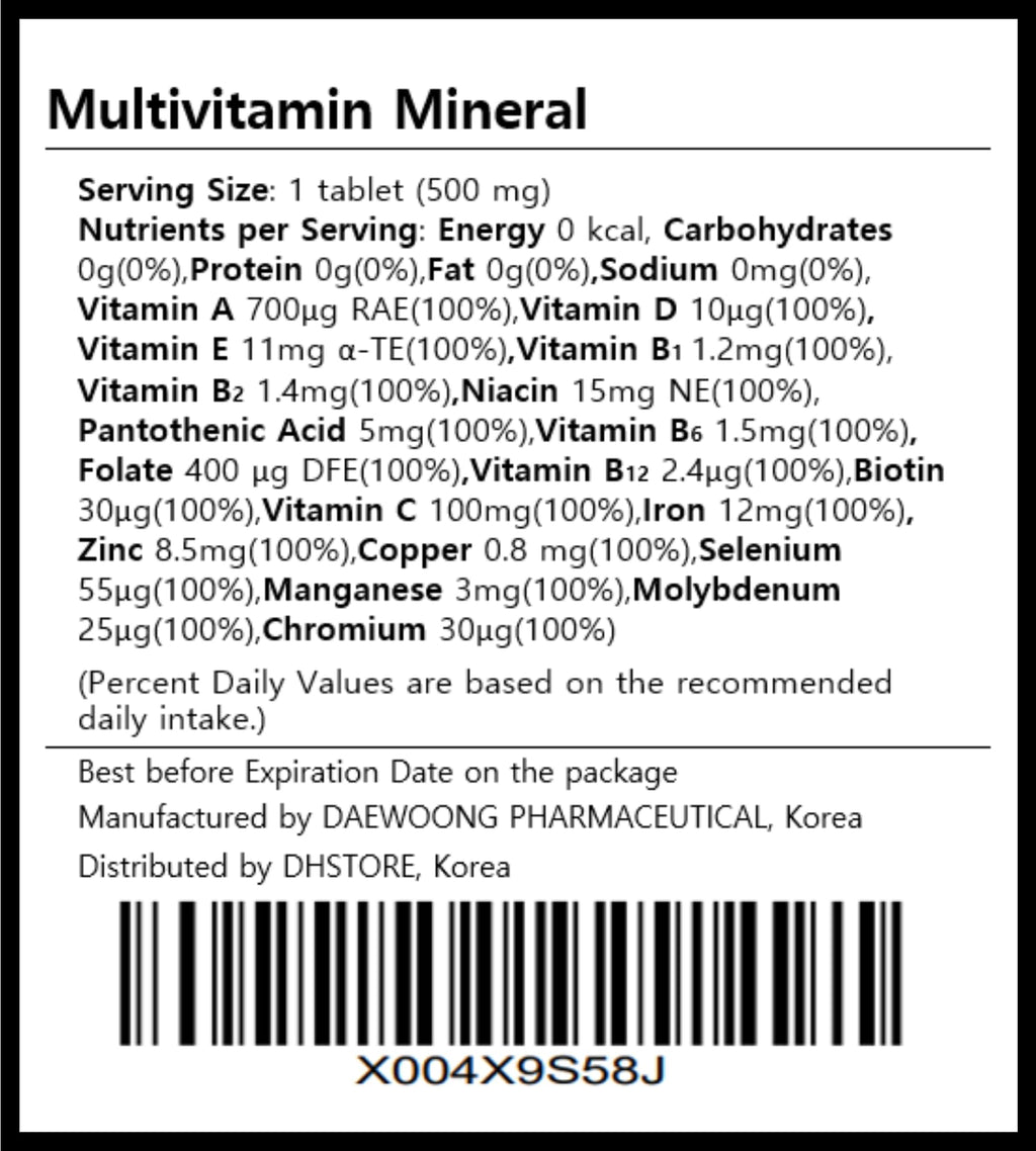 DAHLORE Multivitamin Mineral, Korean Daily Multi Vitamin Supplement with 12 Vitamins and 7 Minerals, Once-Daily Tablet for Energy Support and Immune Function, 30-Day Supply