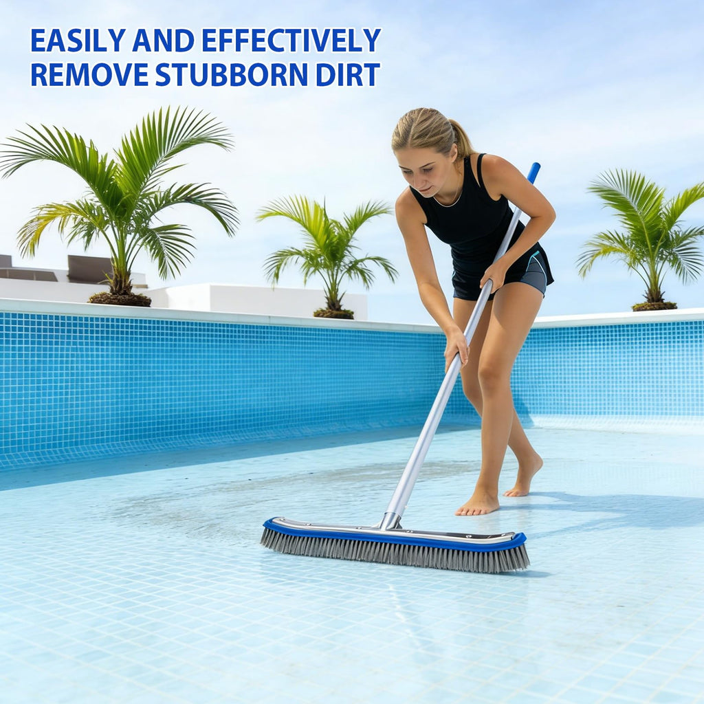 18" Wide Pool Brush Head - Combo Nylon & Stainless Steel Wire Bristles, Heavy Duty Metal Pool Brush for Extra Scrubbing Power, Curved Edge for Cleaning Inground Pool Tiles, Concrete, Walls, Corners