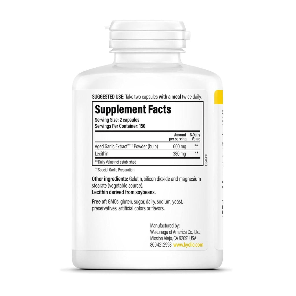 Kyolic Aged Garlic Extract Formula 104 - Cholesterol Health - Supports Overall Cardiovascular Health* - Odorless Aged Garlic Extract & Lecithin - GMO-Free, Gluten-Free - 300 Capsules (150 Servings)