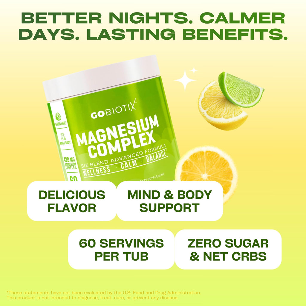 GoBiotix Magnesium Glycinate Powder – Cortisol Supplements for Women and Men – High Absorption Magnesium Complex Calm Supplement with Citrate, Malate – Sugar Free – 420 mg, 60 Servings - Lemon Lime
