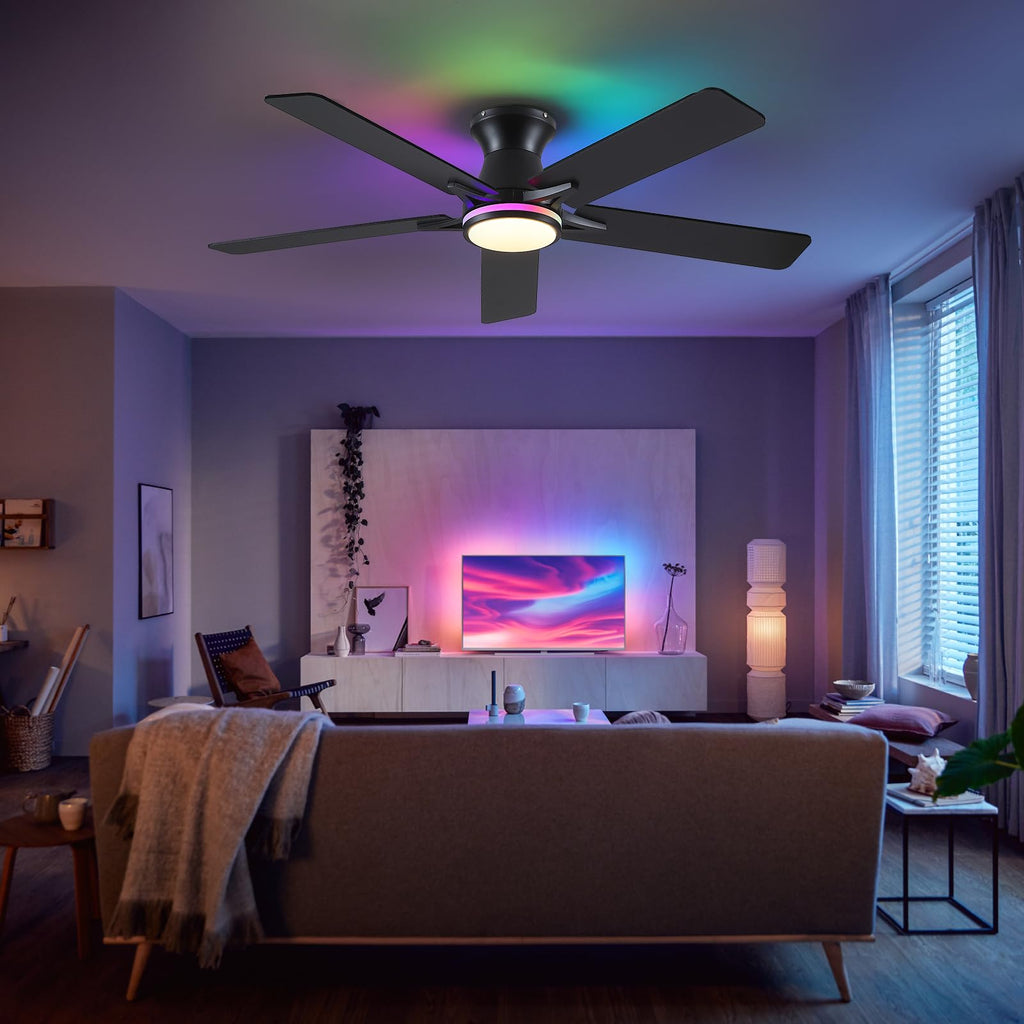 Goniyado 52" RGB Ceiling Fans with Lights and Remote/APP,Black Low Profile Ceiling Fans,Modern Flush Mount Ceiling Fans for Bedroom Kids Room