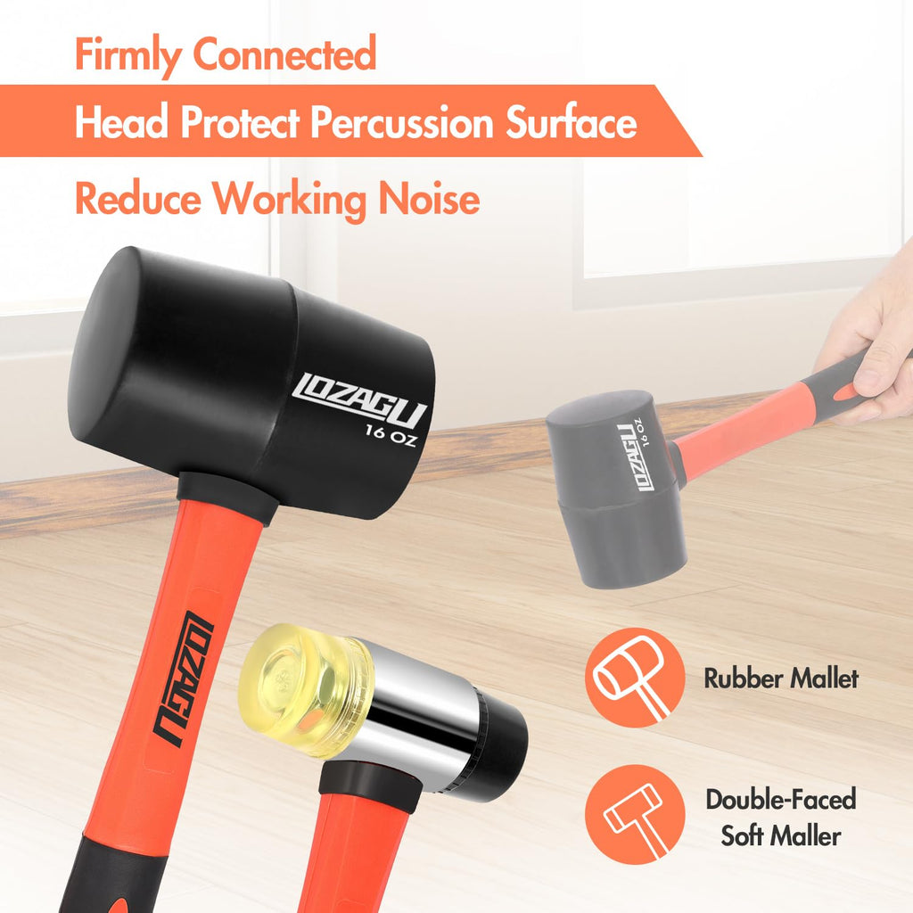 LOZAGU 2-Pack Rubber Mallet Hammer Set, 16oz & 35mm Tool for Flooring, Tent Stakes, Woodworking, Camping, Crafts, Jewelry Wood