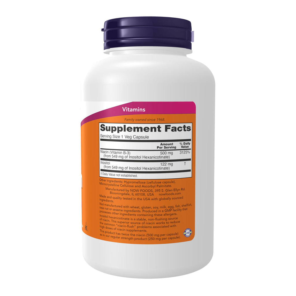 NOW Foods Supplements,Niacin (Vitamin B-3) 500 mg,Flush-Free,Double Strength,Nutritional Health,180 Veg Capsules,(Pack of 2)