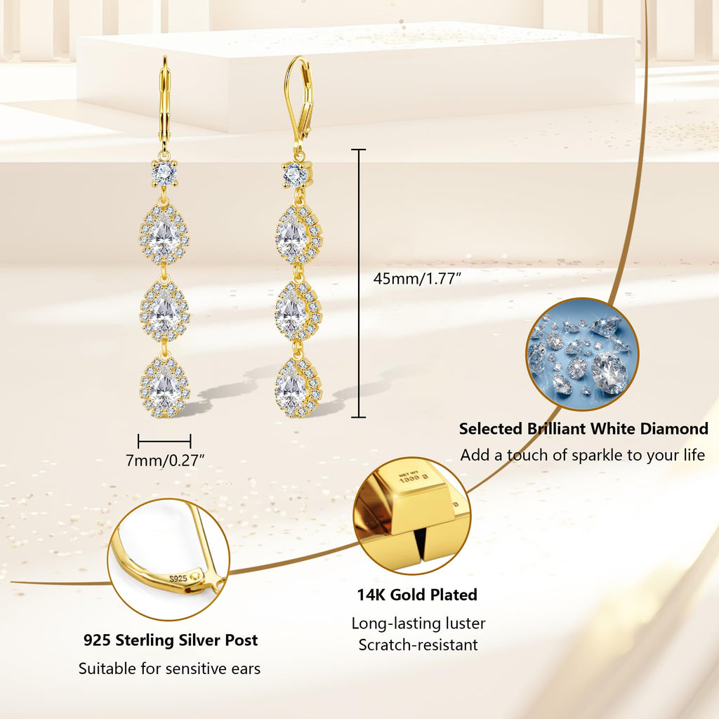 Gold Drop Earring Long Zirconia Teardrop Dangle Leverback Earring for Women