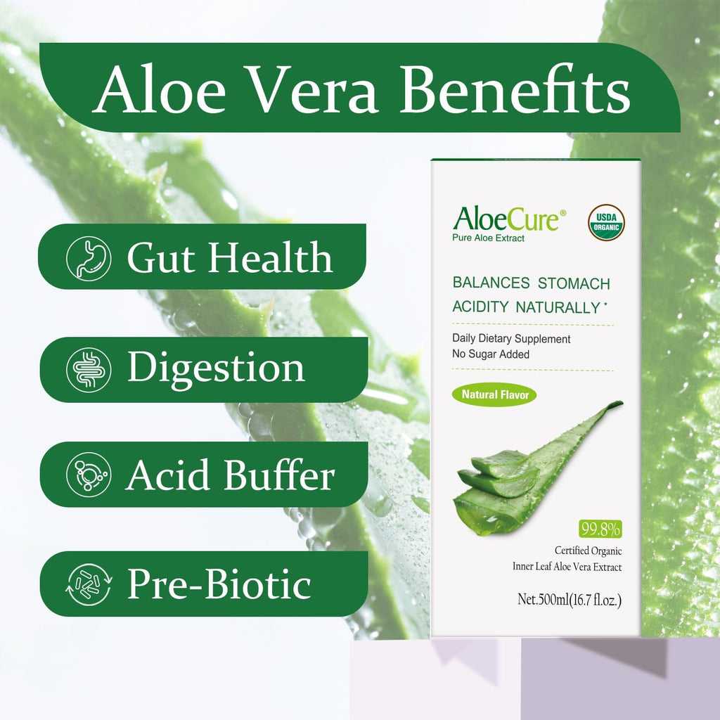AloeCure USDA Organic Aloe Vera Juice Made Within 12 Hrs of Harvest - Pure Aloe Juice Natural Digestive Supplement to Support Digestion, Immune System and Balanced Stomach Acidity, 500ml Bottle
