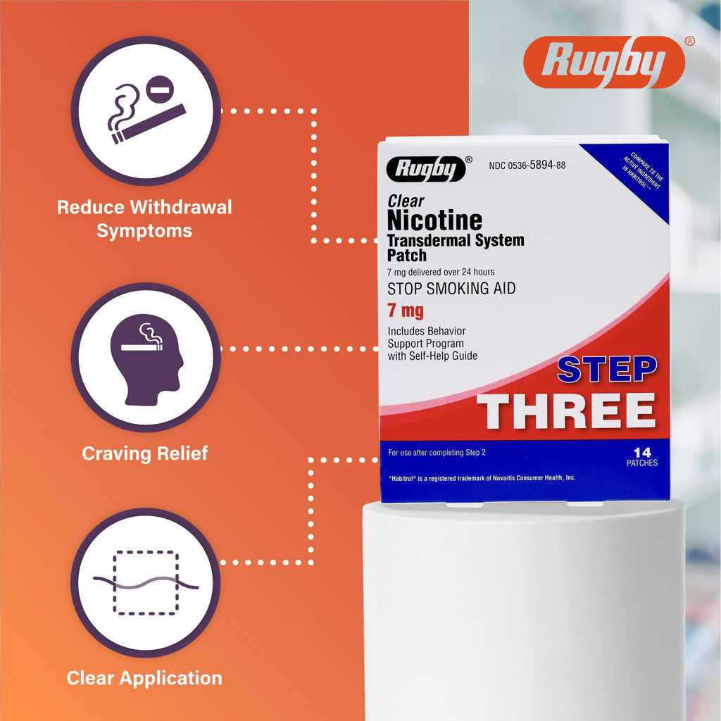 Rugby Clear Nicotine Patches - 7mg Transdermal System Patch - Smoking or Vaping Quitting Aid - Step 3 - (1 Pack)
