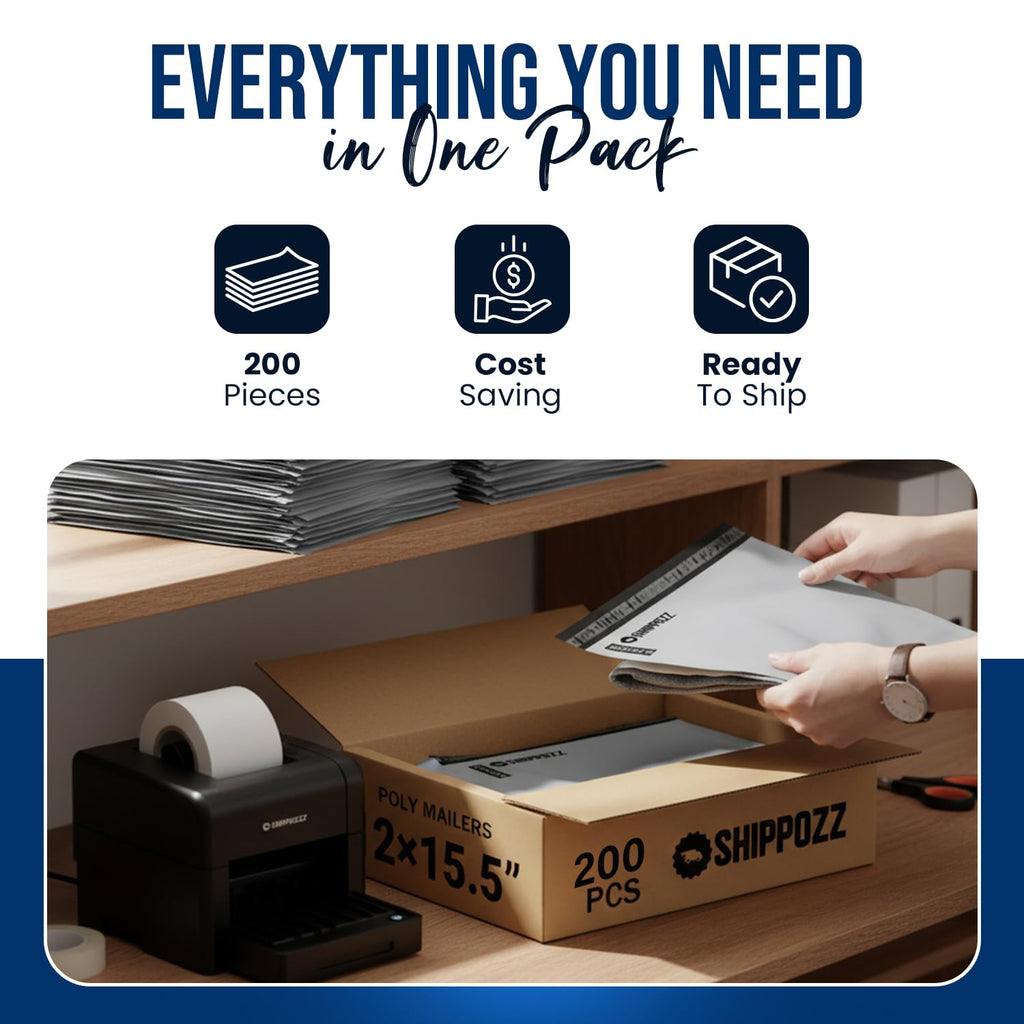 Shippozz 12x15.5 Poly Mailers 200 Pack, Durable Waterproof Polymailers for Shipping Clothes, Self Seal Mailing Bags for Small Business Packaging Supplies, Mailing Envelopes for Books, and Accessories